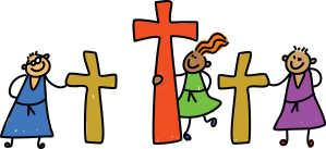 line drawing cartoon of three children holding onto three large crosses.